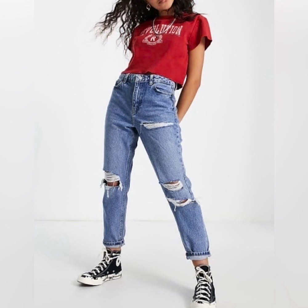Topshop Mom Jeans Women’s 28 High Rise Distressed Medium Wash Denim